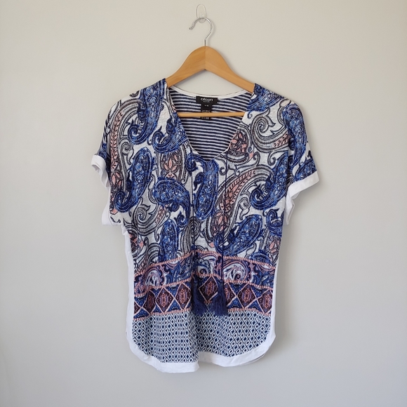 Olsen Europe Linen Short Sleeve Top Paisley Print Size Medium / 10 - Picture 1 of 12